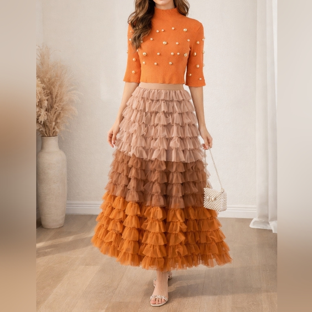 Chic Ruffle Maxi Skirt - Brown and Orange